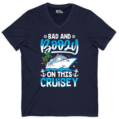 Bad and Boozy Cruise Shirt - Funny Cruise Party Apparel for Adults (V-Neck) in Navy - Bad and Boozy Cruise Shirt - Funny Tropical Drinking Party Tee