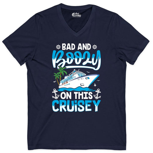 Bad and Boozy Cruise Shirt - Funny Cruise Party Apparel for Adults (V-Neck) in Navy - Bad and Boozy Cruise Shirt - Funny Tropical Drinking Party Tee
