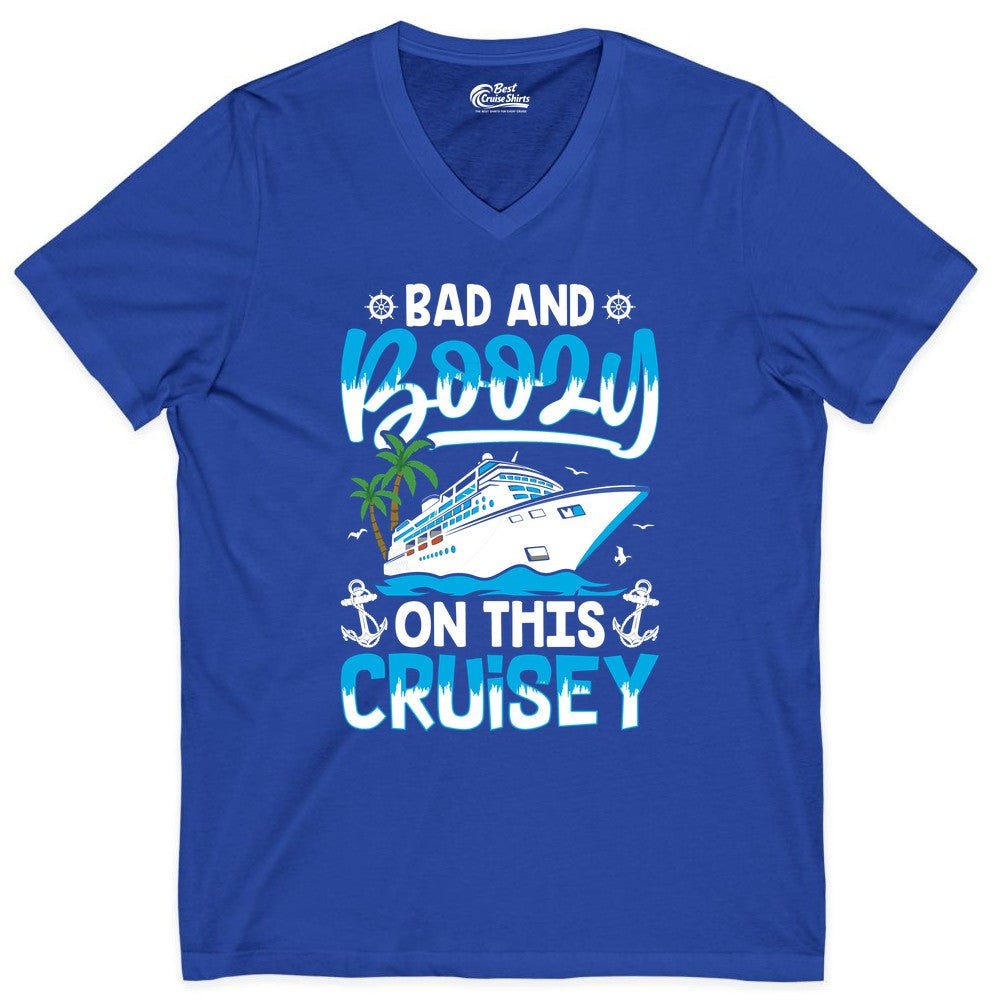 Bad and Boozy Cruise Shirt - Funny Cruise Party Apparel for Adults (V-Neck) in True Royal - Bad and Boozy Cruise Shirt - Funny Tropical Drinking Party Tee
