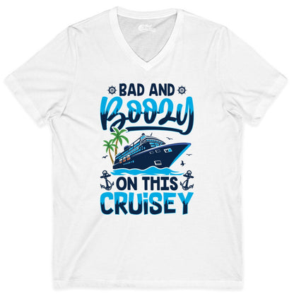 Bad and Boozy Cruise Shirt - Funny Cruise Party Apparel for Adults (V-Neck) in White - Bad and Boozy Cruise Shirt - Funny Tropical Drinking Party Tee