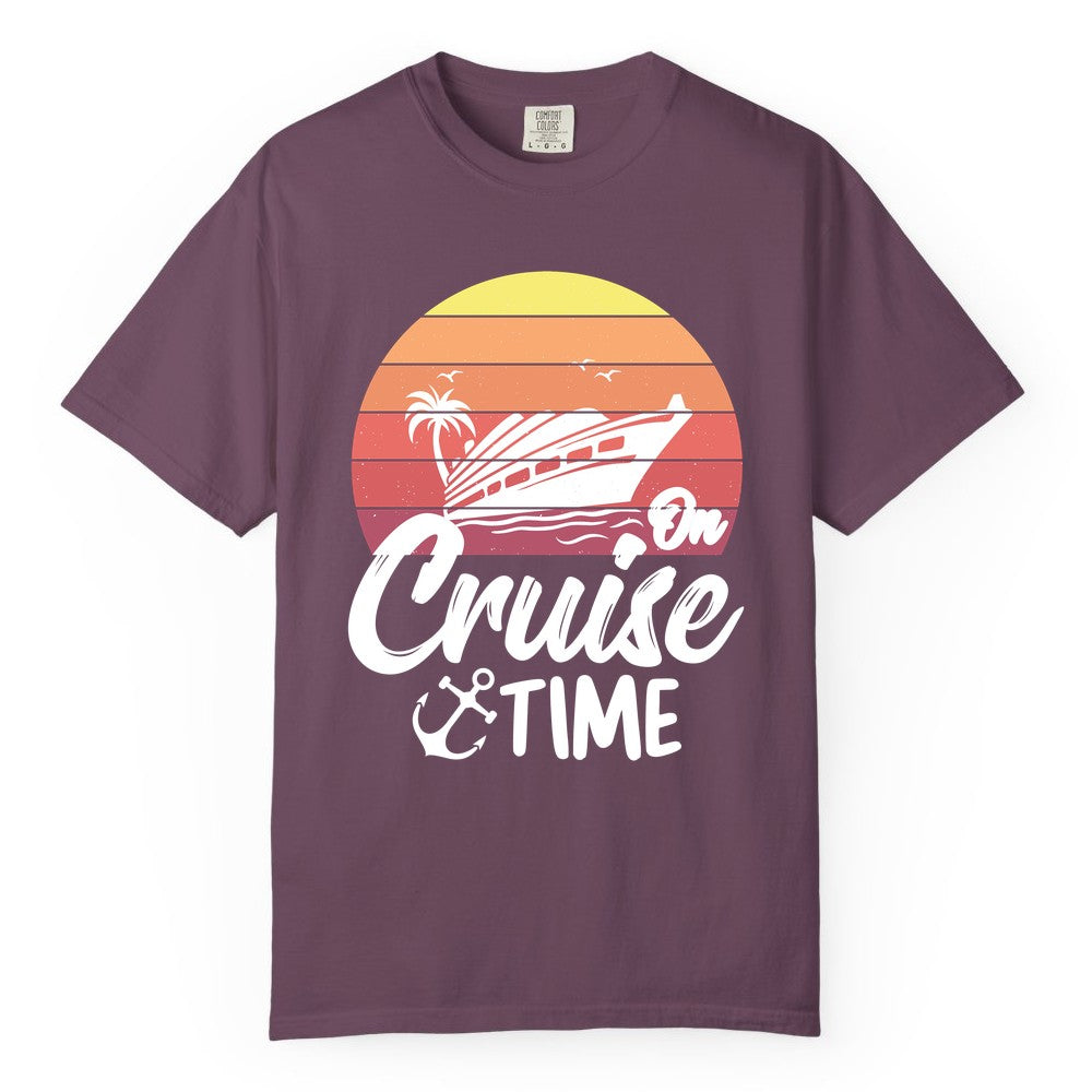Cruise Time Shirt - Retro Sunset Cruise Vacation Apparel Tee (Comfort Color) in Berry - Retro Sunset Cruise Ship Palm Tree Anchor - Cruise Time Shirt