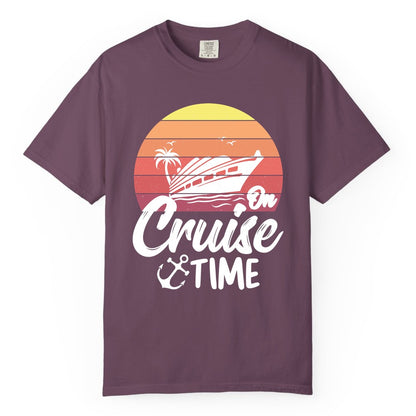 Cruise Time Shirt - Retro Sunset Cruise Vacation Apparel Tee (Comfort Color) in Berry - Retro Sunset Cruise Ship Palm Tree Anchor - Cruise Time Shirt