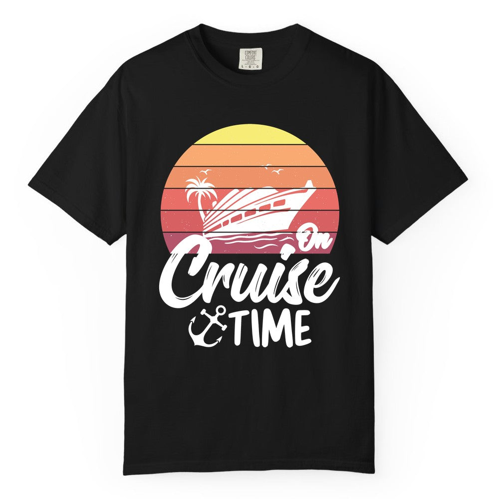 Cruise Time Shirt - Retro Sunset Cruise Vacation Apparel Tee (Comfort Color) in Black - Retro Sunset Cruise Ship Palm Tree Anchor - Cruise Time Shirt