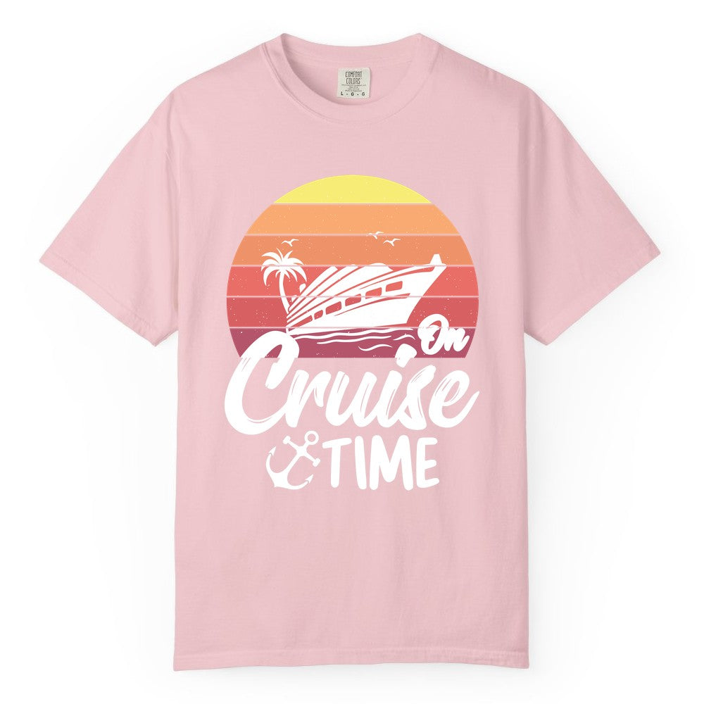 Cruise Time Shirt - Retro Sunset Cruise Vacation Apparel Tee (Comfort Color) in Blossom - Retro Sunset Cruise Ship Palm Tree Anchor - Cruise Time Shirt