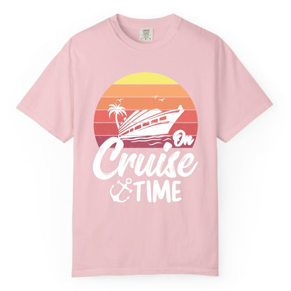Cruise Time Shirt - Retro Sunset Cruise Vacation Apparel Tee (Comfort Color) in Blossom - Retro Sunset Cruise Ship Palm Tree Anchor - Cruise Time Shirt