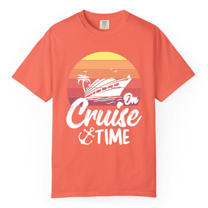 Cruise Time Shirt - Retro Sunset Cruise Vacation Apparel Tee (Comfort Color) in Bright Salmon - Retro Sunset Cruise Ship Palm Tree Anchor - Cruise Time Shirt