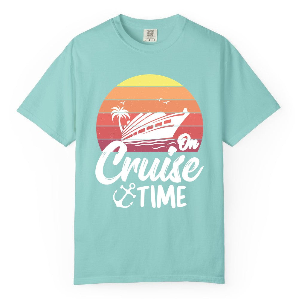 Cruise Time Shirt - Retro Sunset Cruise Vacation Apparel Tee (Comfort Color) in Chalky Mint - Retro Sunset Cruise Ship Palm Tree Anchor - Cruise Time Shirt