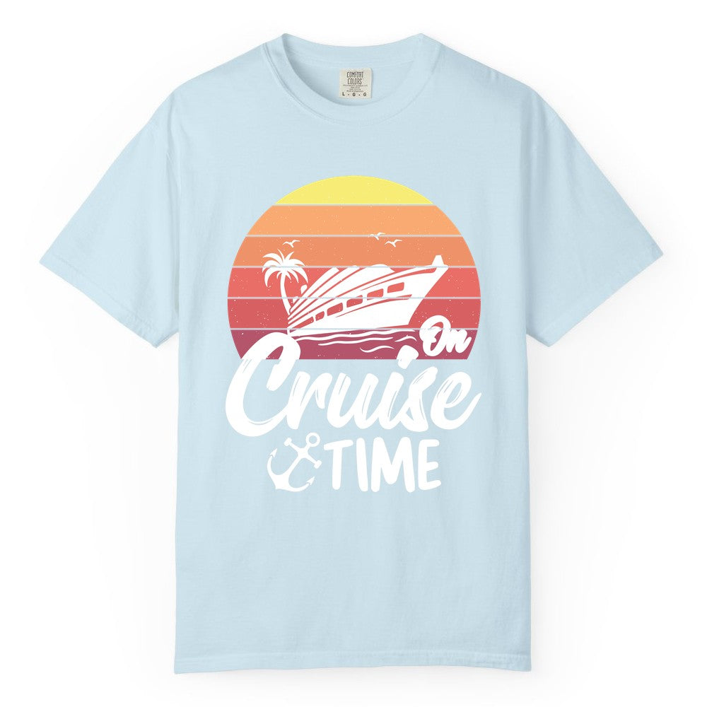 Cruise Time Shirt - Retro Sunset Cruise Vacation Apparel Tee (Comfort Color) in Chambray - Retro Sunset Cruise Ship Palm Tree Anchor - Cruise Time Shirt