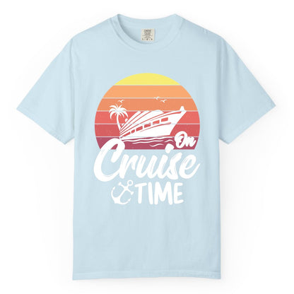 Cruise Time Shirt - Retro Sunset Cruise Vacation Apparel Tee (Comfort Color) in Chambray - Retro Sunset Cruise Ship Palm Tree Anchor - Cruise Time Shirt