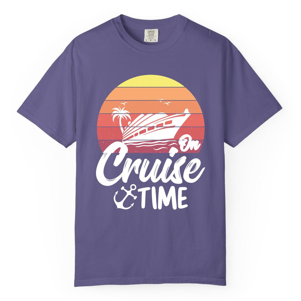 Cruise Time Shirt - Retro Sunset Cruise Vacation Apparel Tee (Comfort Color) in Grape - Retro Sunset Cruise Ship Palm Tree Anchor - Cruise Time Shirt