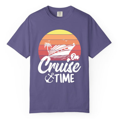 Cruise Time Shirt - Retro Sunset Cruise Vacation Apparel Tee (Comfort Color) in Grape - Retro Sunset Cruise Ship Palm Tree Anchor - Cruise Time Shirt