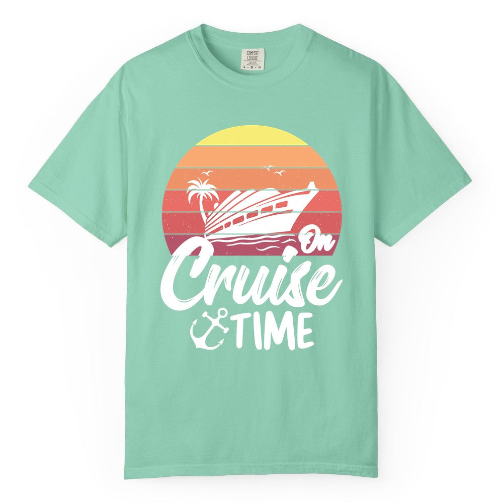 Cruise Time Shirt - Retro Sunset Cruise Vacation Apparel Tee (Comfort Color) in Island Reef - Retro Sunset Cruise Ship Palm Tree Anchor - Cruise Time Shirt
