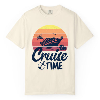 Cruise Time Shirt - Retro Sunset Cruise Vacation Apparel Tee (Comfort Color) in Ivory - Retro Sunset Cruise Ship Palm Tree Anchor - Cruise Time Shirt