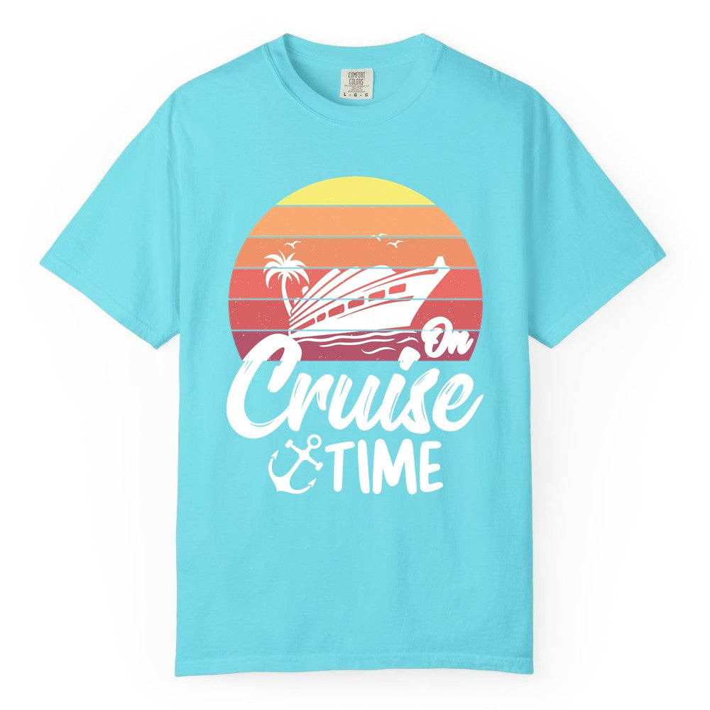 Cruise Time Shirt - Retro Sunset Cruise Vacation Apparel Tee (Comfort Color) in Lagoon Blue - Retro Sunset Cruise Ship Palm Tree Anchor - Cruise Time Shirt