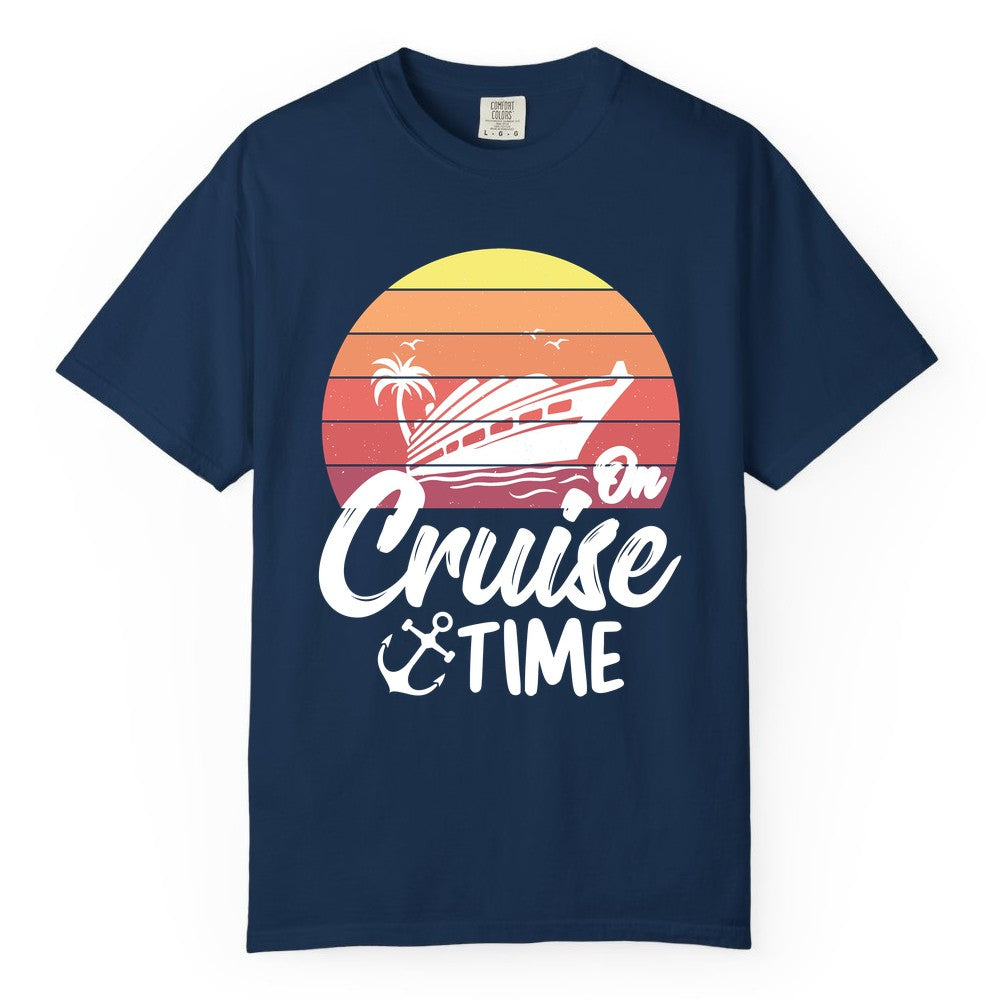 Cruise Time Shirt - Retro Sunset Cruise Vacation Apparel Tee (Comfort Color) in Navy - Retro Sunset Cruise Ship Palm Tree Anchor - Cruise Time Shirt