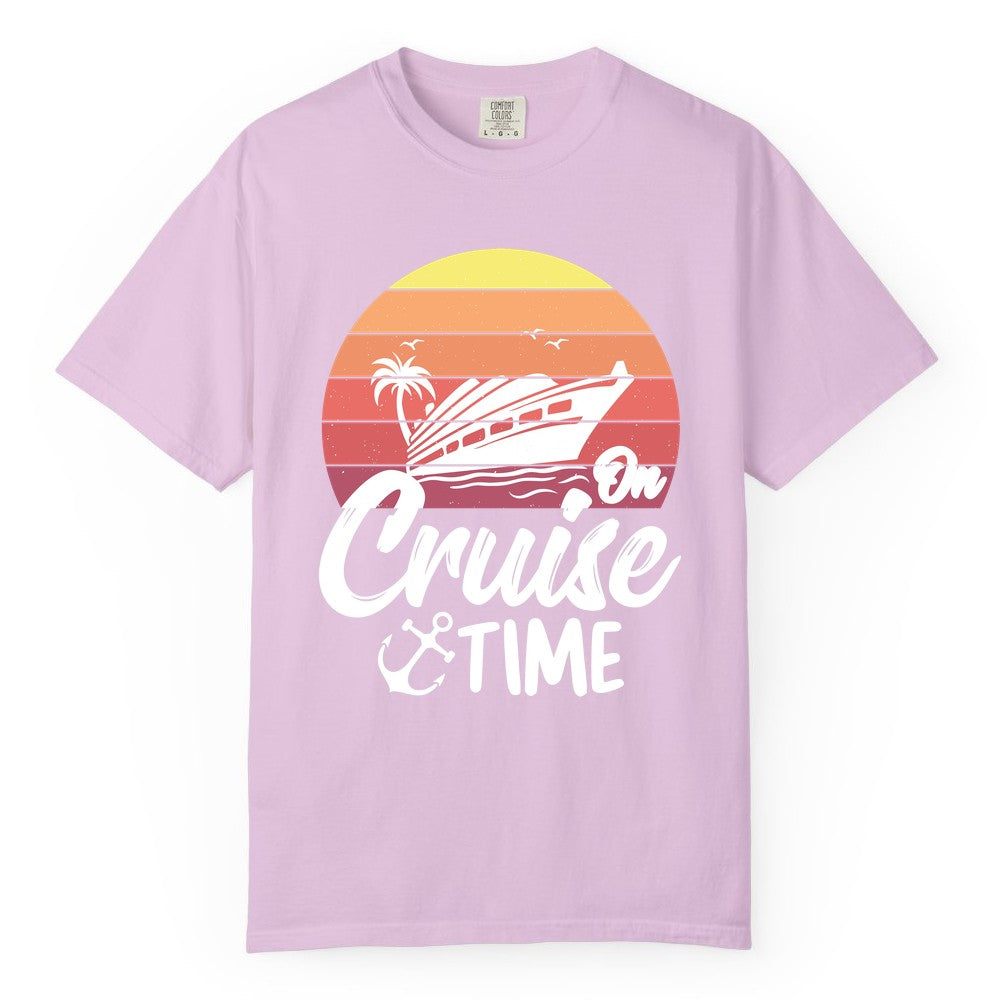 Cruise Time Shirt - Retro Sunset Cruise Vacation Apparel Tee (Comfort Color) in Orchid - Retro Sunset Cruise Ship Palm Tree Anchor - Cruise Time Shirt