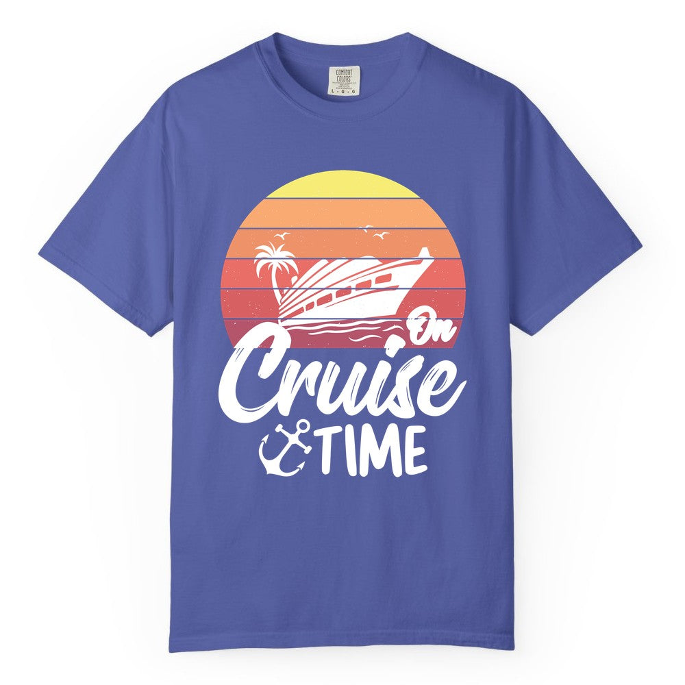 Cruise Time Shirt - Retro Sunset Cruise Vacation Apparel Tee (Comfort Color) in Periwinkle - Retro Sunset Cruise Ship Palm Tree Anchor - Cruise Time Shirt