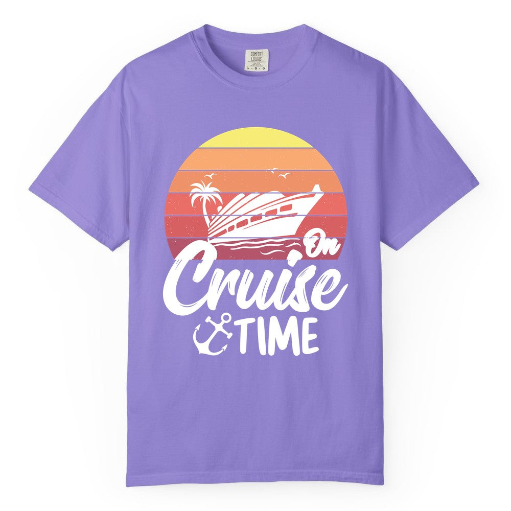 Cruise Time Shirt - Retro Sunset Cruise Vacation Apparel Tee (Comfort Color) in Violet - Retro Sunset Cruise Ship Palm Tree Anchor - Cruise Time Shirt
