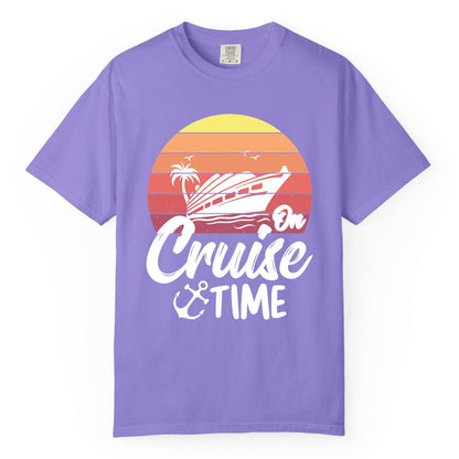 Cruise Time Shirt - Retro Sunset Cruise Vacation Apparel Tee (Comfort Color) in Violet - Retro Sunset Cruise Ship Palm Tree Anchor - Cruise Time Shirt