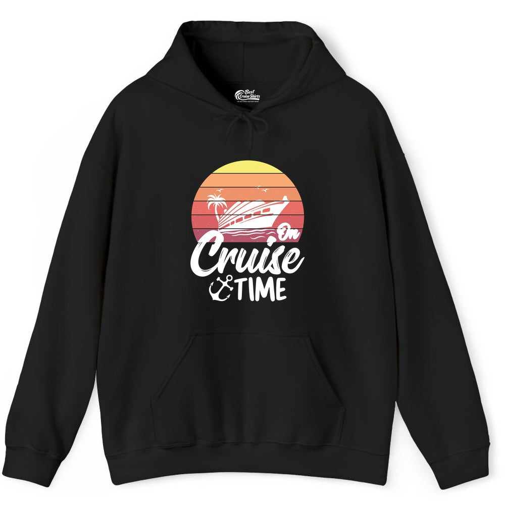 Cruise Time Shirt - Retro Sunset Cruise Vacation Apparel Tee (Hoodie) in Black - Retro Sunset Cruise Ship Palm Tree Anchor - Cruise Time Shirt