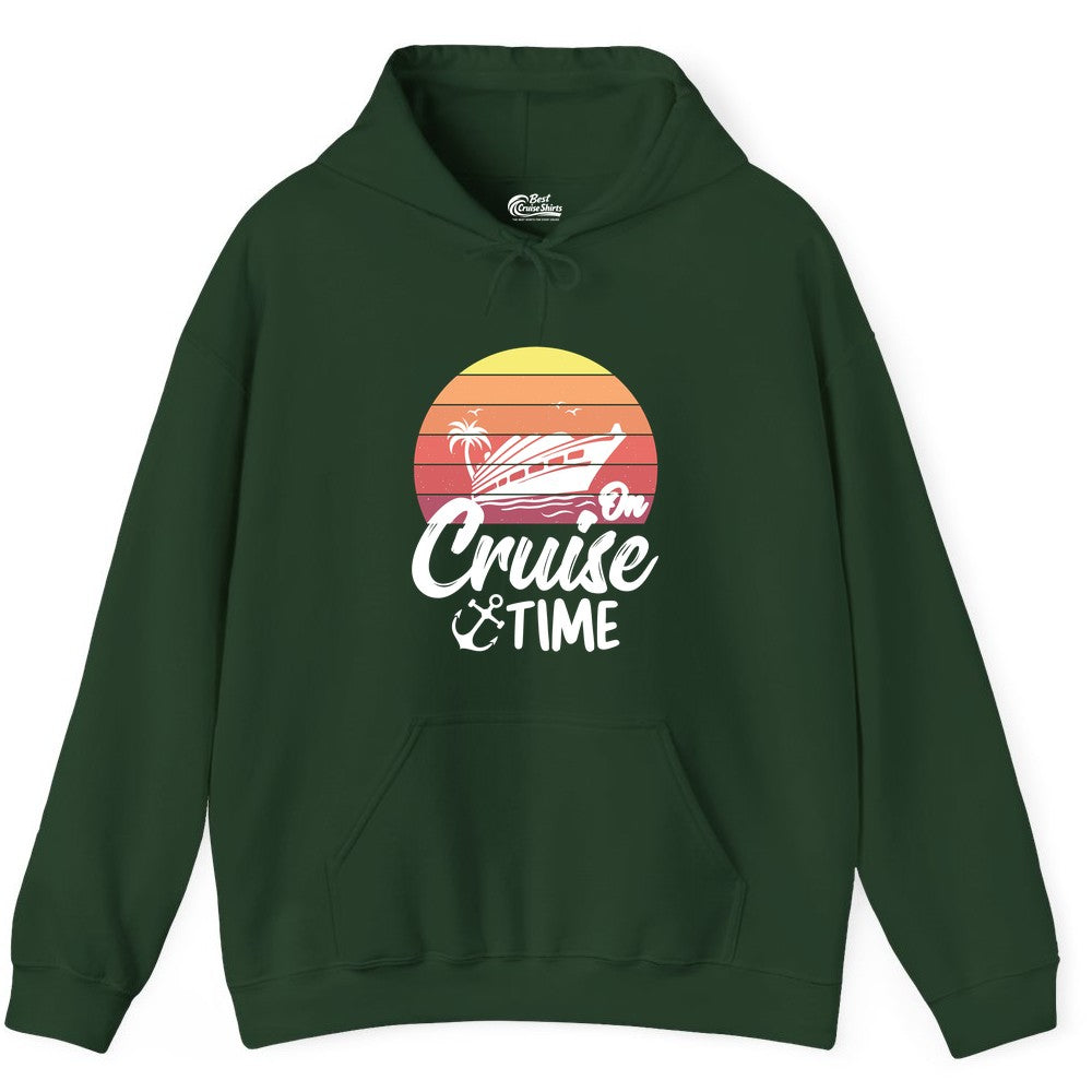 Cruise Time Shirt - Retro Sunset Cruise Vacation Apparel Tee (Hoodie) in Forest Green - Retro Sunset Cruise Ship Palm Tree Anchor - Cruise Time Shirt