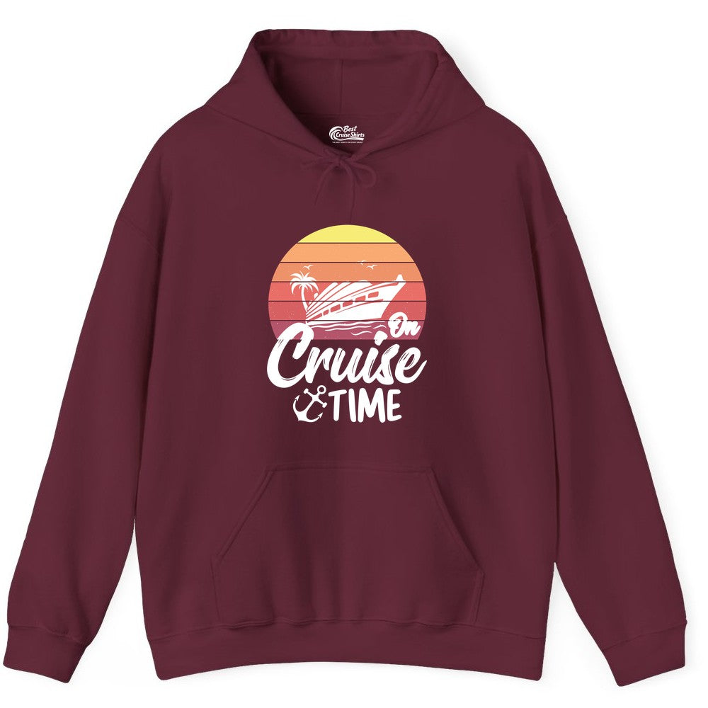 Cruise Time Shirt - Retro Sunset Cruise Vacation Apparel Tee (Hoodie) in Maroon - Retro Sunset Cruise Ship Palm Tree Anchor - Cruise Time Shirt
