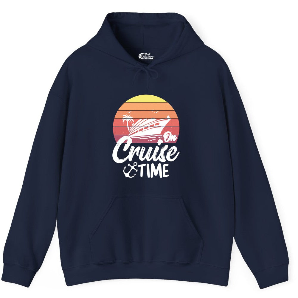Cruise Time Shirt - Retro Sunset Cruise Vacation Apparel Tee (Hoodie) in Navy - Retro Sunset Cruise Ship Palm Tree Anchor - Cruise Time Shirt