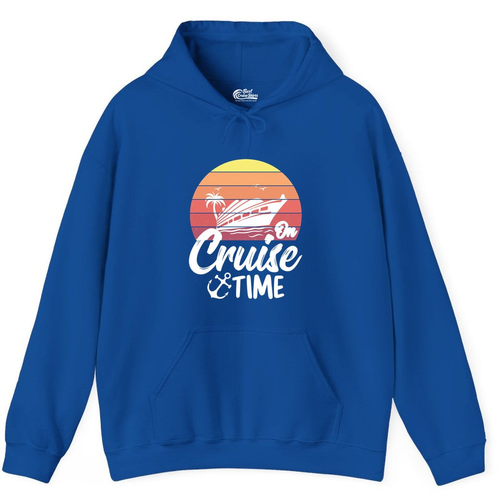 Cruise Time Shirt - Retro Sunset Cruise Vacation Apparel Tee (Hoodie) in Royal - Retro Sunset Cruise Ship Palm Tree Anchor - Cruise Time Shirt