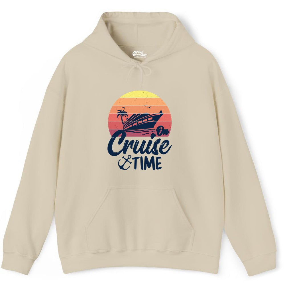 Cruise Time Shirt - Retro Sunset Cruise Vacation Apparel Tee (Hoodie) in Sand - Retro Sunset Cruise Ship Palm Tree Anchor - Cruise Time Shirt