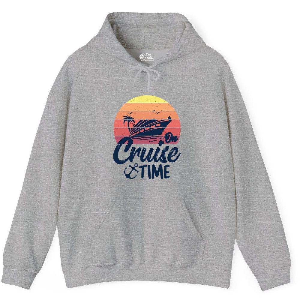 Cruise Time Shirt - Retro Sunset Cruise Vacation Apparel Tee (Hoodie) in Sport Grey - Retro Sunset Cruise Ship Palm Tree Anchor - Cruise Time Shirt