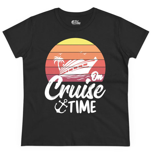 Cruise Time Shirt - Retro Sunset Cruise Vacation Apparel Tee (Ladies Tee) in Black - Retro Sunset Cruise Ship Palm Tree Anchor - Cruise Time Shirt