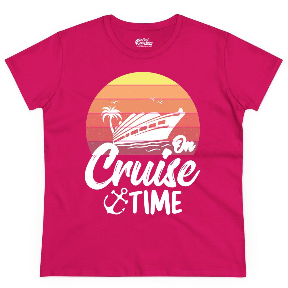Cruise Time Shirt - Retro Sunset Cruise Vacation Apparel Tee (Ladies Tee) in Heliconia - Retro Sunset Cruise Ship Palm Tree Anchor - Cruise Time Shirt