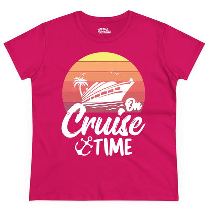 Cruise Time Shirt - Retro Sunset Cruise Vacation Apparel Tee (Ladies Tee) in Heliconia - Retro Sunset Cruise Ship Palm Tree Anchor - Cruise Time Shirt