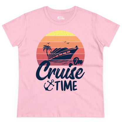 Cruise Time Shirt - Retro Sunset Cruise Vacation Apparel Tee (Ladies Tee) in Light Pink - Retro Sunset Cruise Ship Palm Tree Anchor - Cruise Time Shirt