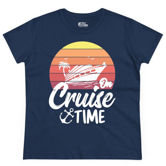 Cruise Time Shirt - Retro Sunset Cruise Vacation Apparel Tee (Ladies Tee) in Navy - Retro Sunset Cruise Ship Palm Tree Anchor - Cruise Time Shirt