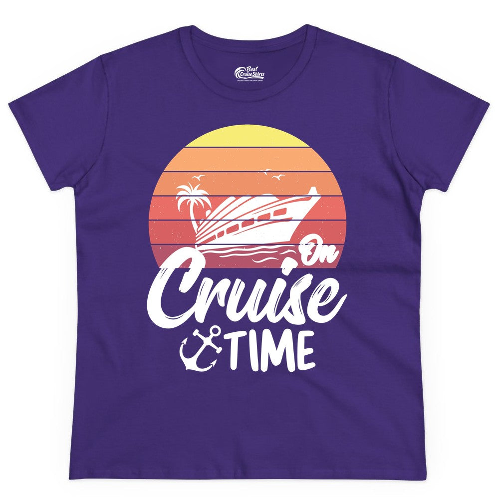 Cruise Time Shirt - Retro Sunset Cruise Vacation Apparel Tee (Ladies Tee) in Purple - Retro Sunset Cruise Ship Palm Tree Anchor - Cruise Time Shirt