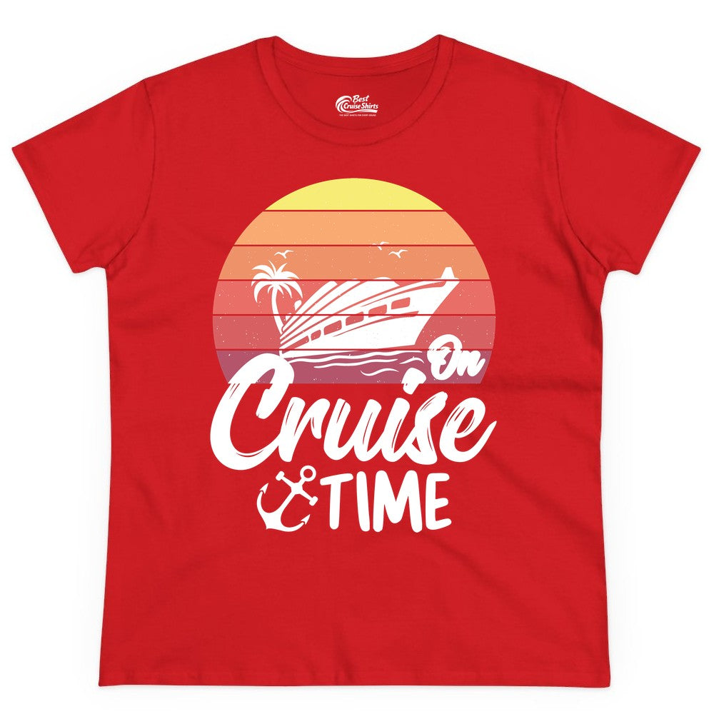 Cruise Time Shirt - Retro Sunset Cruise Vacation Apparel Tee (Ladies Tee) in Red - Retro Sunset Cruise Ship Palm Tree Anchor - Cruise Time Shirt