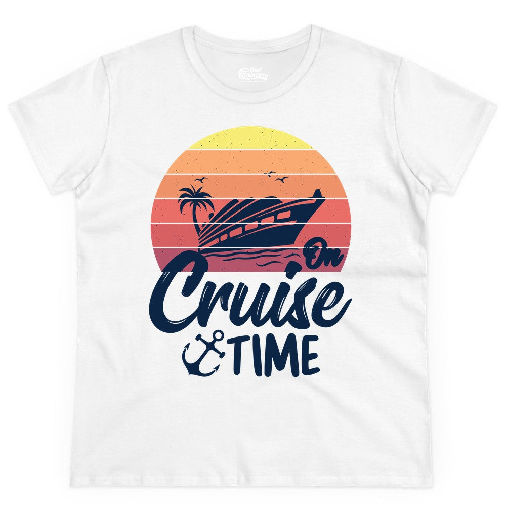 Cruise Time Shirt - Retro Sunset Cruise Vacation Apparel Tee (Ladies Tee) in White - Retro Sunset Cruise Ship Palm Tree Anchor - Cruise Time Shirt