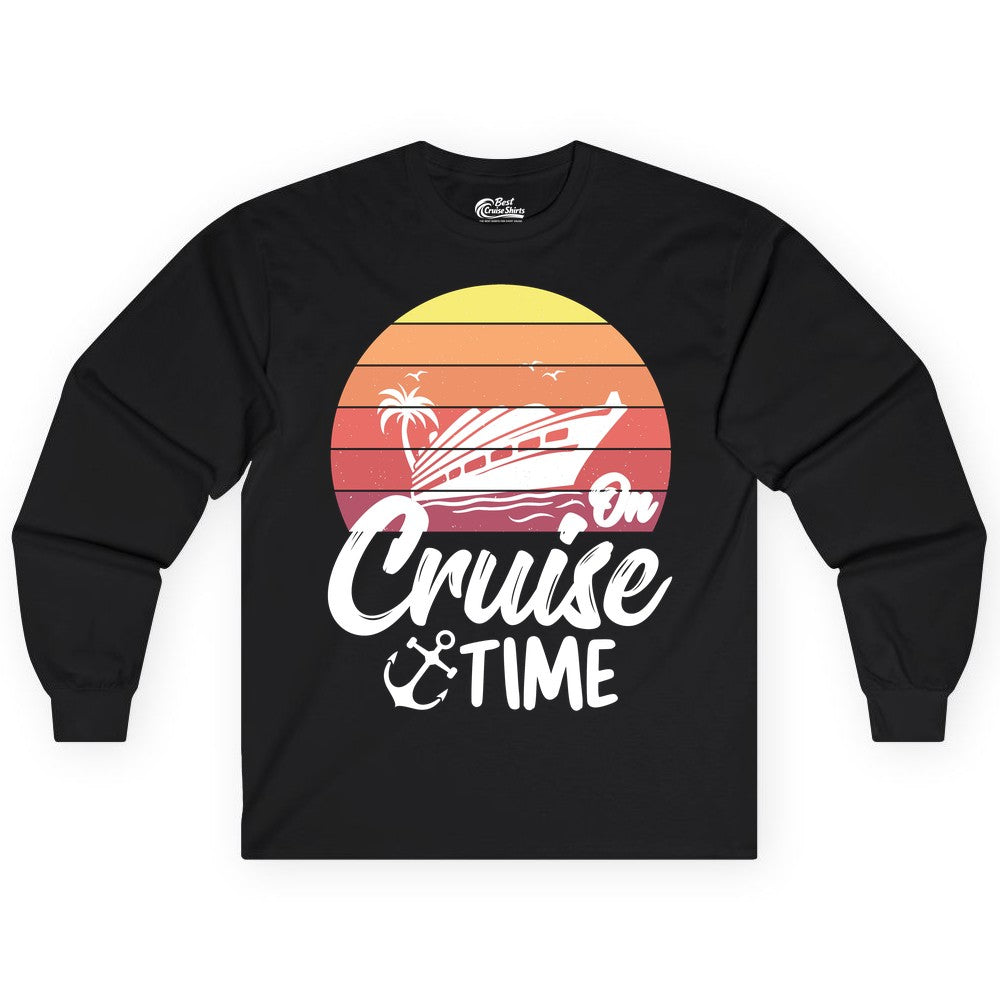 Cruise Time Shirt - Retro Sunset Cruise Vacation Apparel Tee (Long Sleeve) in Black - Retro Sunset Cruise Ship Palm Tree Anchor - Cruise Time Shirt