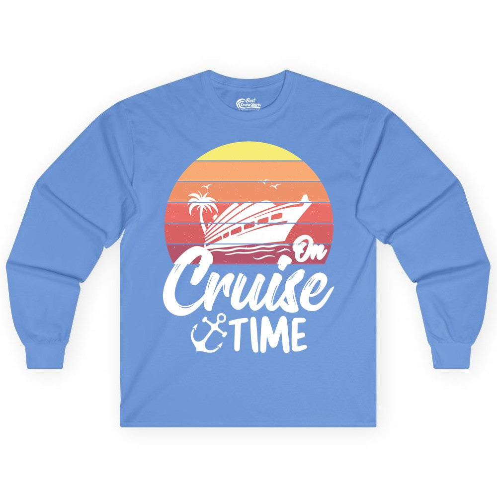 Cruise Time Shirt - Retro Sunset Cruise Vacation Apparel Tee (Long Sleeve) in Carolina Blue - Retro Sunset Cruise Ship Palm Tree Anchor - Cruise Time Shirt