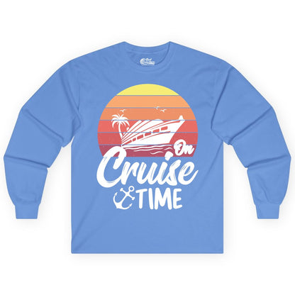 Cruise Time Shirt - Retro Sunset Cruise Vacation Apparel Tee (Long Sleeve) in Carolina Blue - Retro Sunset Cruise Ship Palm Tree Anchor - Cruise Time Shirt