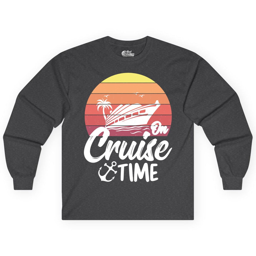 Cruise Time Shirt - Retro Sunset Cruise Vacation Apparel Tee (Long Sleeve) in Dark Heather - Retro Sunset Cruise Ship Palm Tree Anchor - Cruise Time Shirt