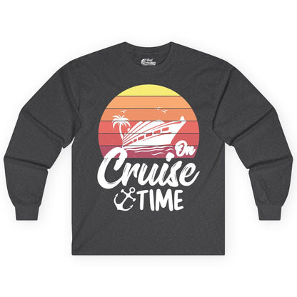 Cruise Time Shirt - Retro Sunset Cruise Vacation Apparel Tee (Long Sleeve) in Dark Heather - Retro Sunset Cruise Ship Palm Tree Anchor - Cruise Time Shirt
