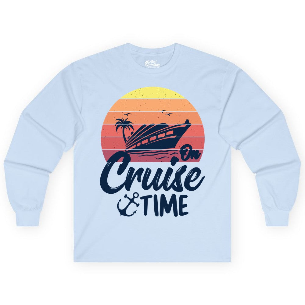 Cruise Time Shirt - Retro Sunset Cruise Vacation Apparel Tee (Long Sleeve) in Light Blue - Retro Sunset Cruise Ship Palm Tree Anchor - Cruise Time Shirt