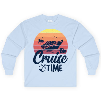 Cruise Time Shirt - Retro Sunset Cruise Vacation Apparel Tee (Long Sleeve) in Light Blue - Retro Sunset Cruise Ship Palm Tree Anchor - Cruise Time Shirt
