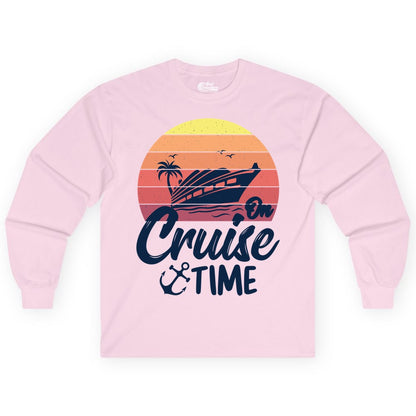 Cruise Time Shirt - Retro Sunset Cruise Vacation Apparel Tee (Long Sleeve) in Light Pink - Retro Sunset Cruise Ship Palm Tree Anchor - Cruise Time Shirt