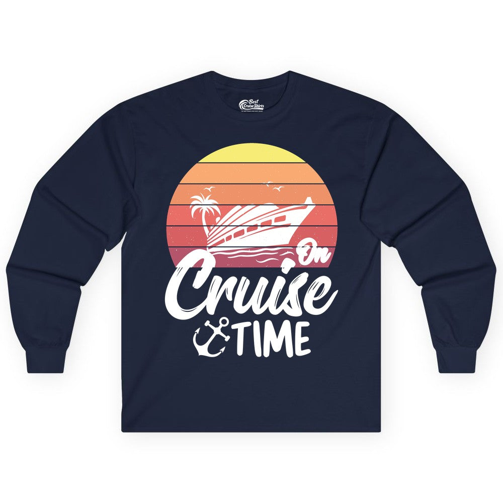 Cruise Time Shirt - Retro Sunset Cruise Vacation Apparel Tee (Long Sleeve) in Navy - Retro Sunset Cruise Ship Palm Tree Anchor - Cruise Time Shirt