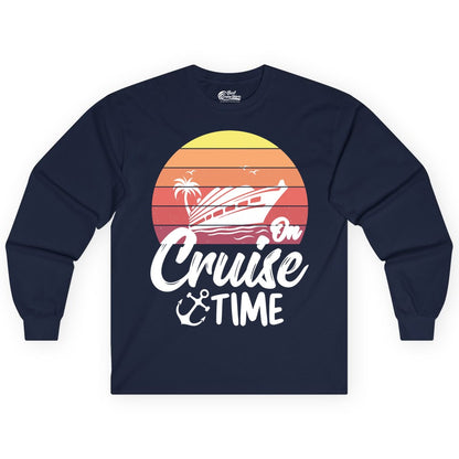 Cruise Time Shirt - Retro Sunset Cruise Vacation Apparel Tee (Long Sleeve) in Navy - Retro Sunset Cruise Ship Palm Tree Anchor - Cruise Time Shirt