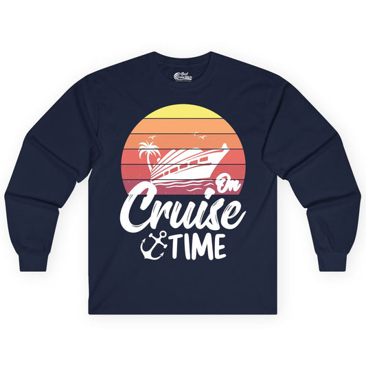 Cruise Time Shirt - Retro Sunset Cruise Vacation Apparel Tee (Long Sleeve) in Navy - Retro Sunset Cruise Ship Palm Tree Anchor - Cruise Time Shirt