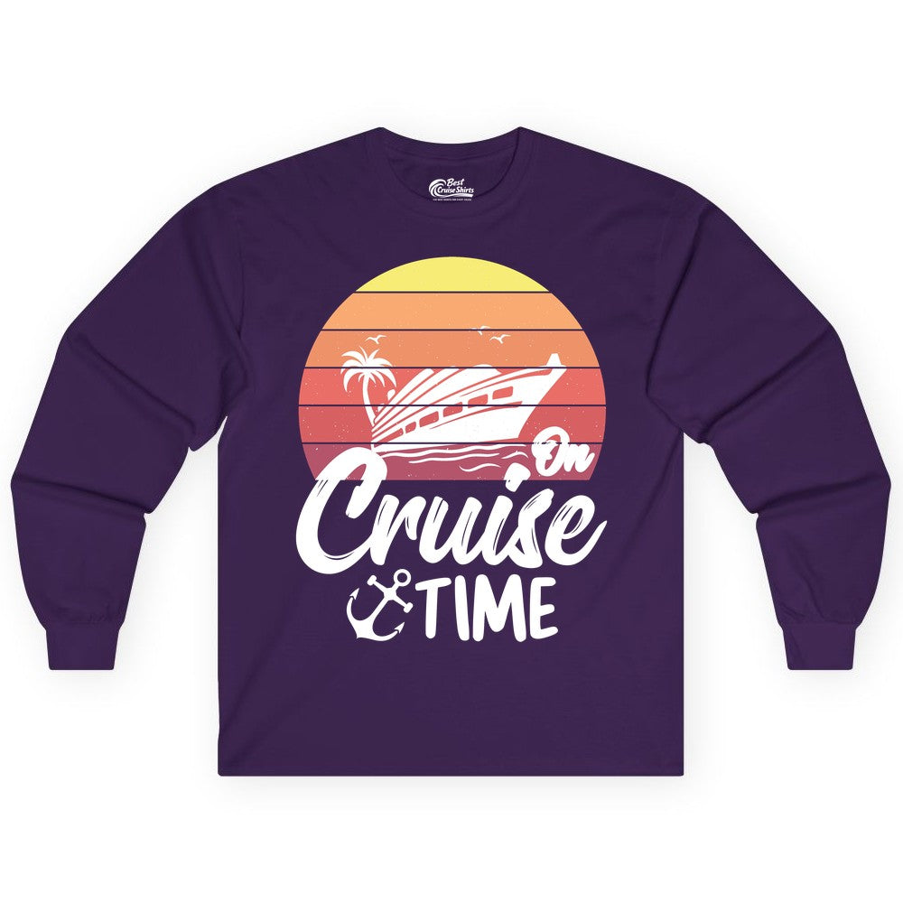 Cruise Time Shirt - Retro Sunset Cruise Vacation Apparel Tee (Long Sleeve) in Purple - Retro Sunset Cruise Ship Palm Tree Anchor - Cruise Time Shirt
